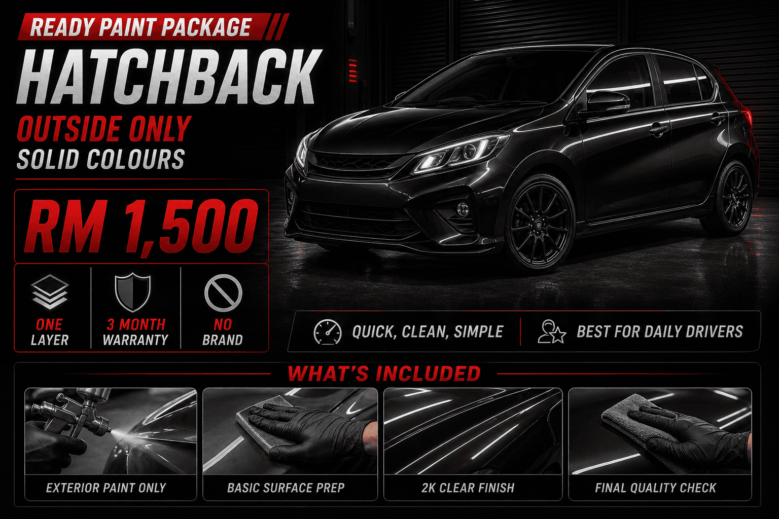 Ready paint package poster for hatchback outside-only solid colour repaint