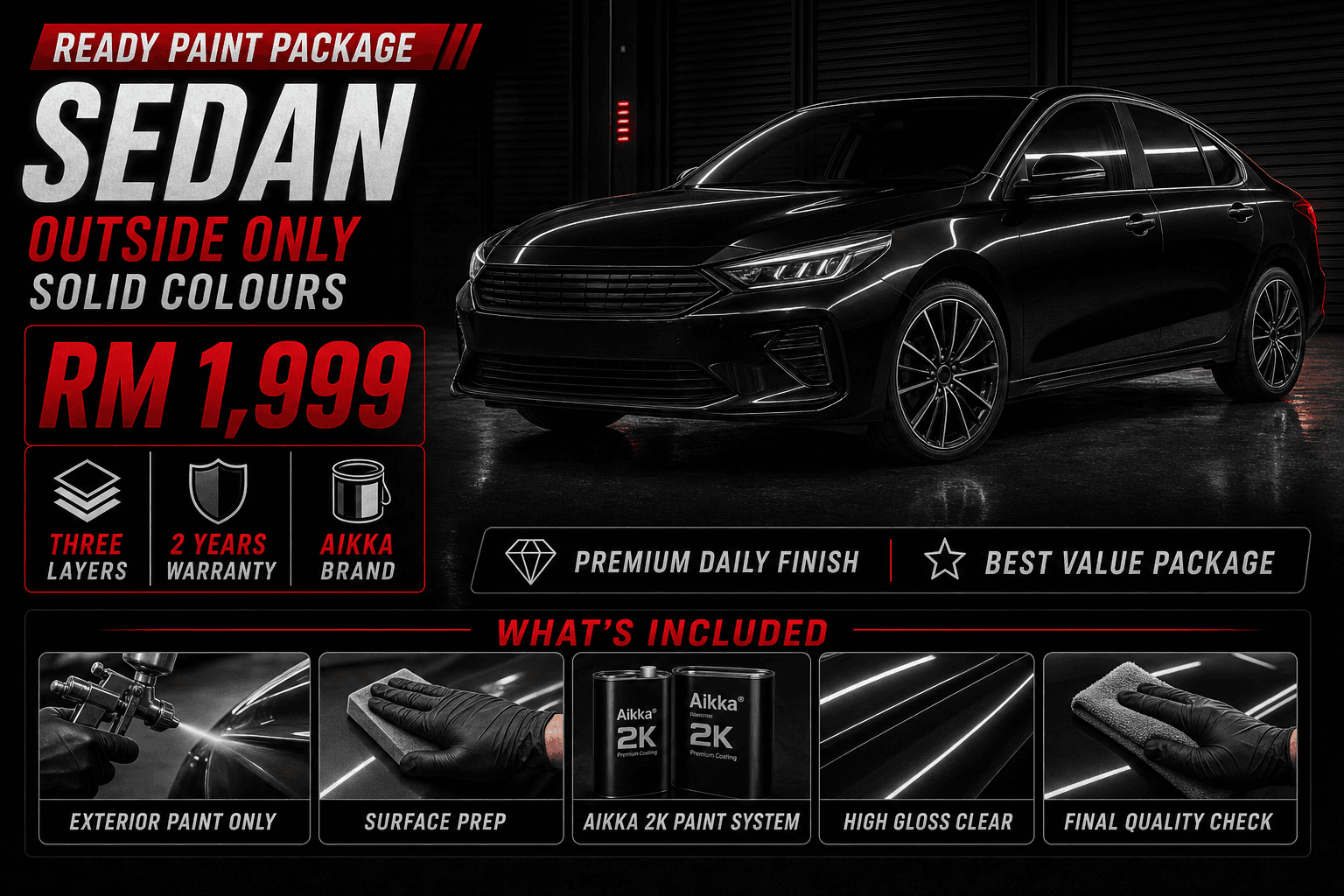 Ready paint package poster for sedan outside-only solid colour repaint