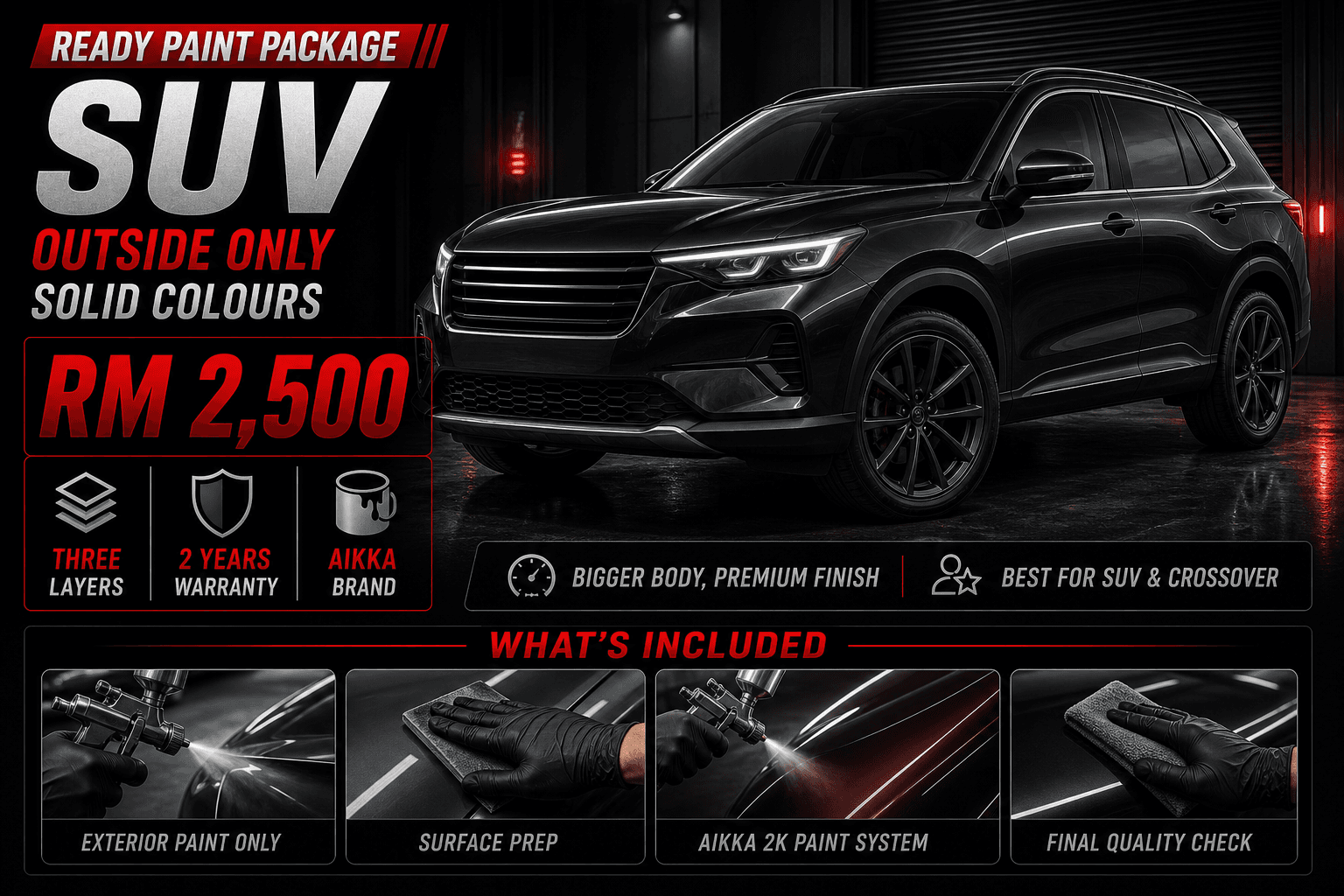 Ready paint package poster for SUV outside-only solid colour repaint